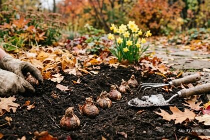 Gelbe Narzissen blühen im Frühling nach dem Pflanzen ihrer Zwiebeln im Herbst