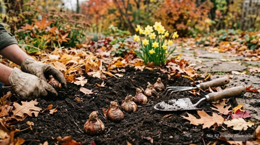 Gelbe Narzissen blühen im Frühling nach dem Pflanzen ihrer Zwiebeln im Herbst