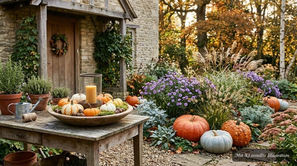 Kürbisse als natürliche Dekoration im Beet und auf einem herbstlich gedeckten Gartentisch