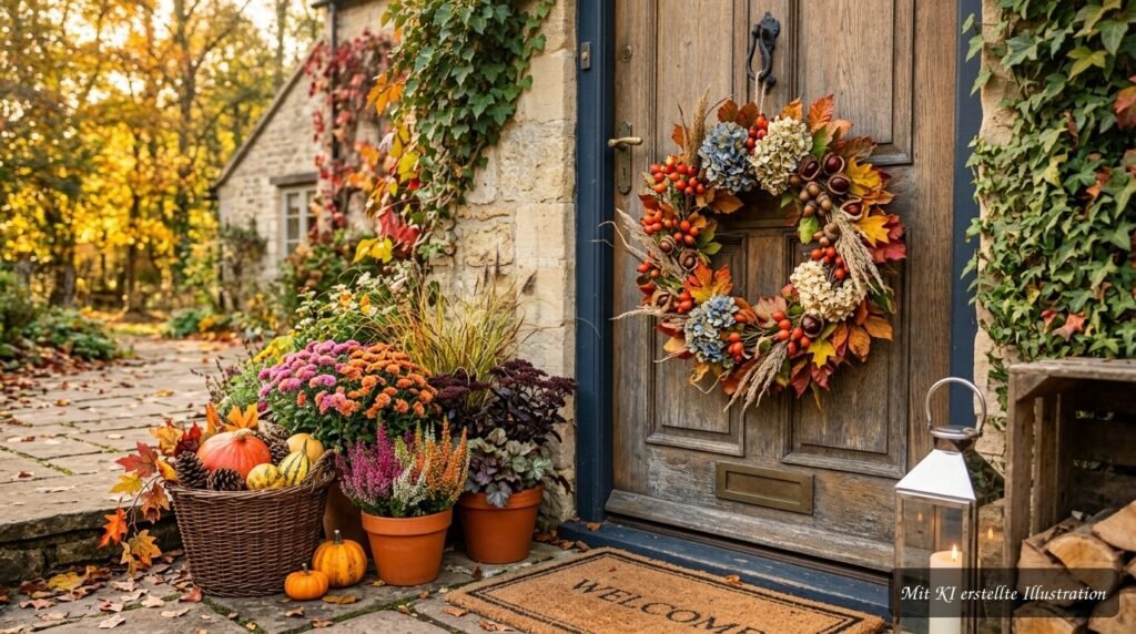 Herbstlicher Eingangsbereich mit Kränzen, Beeren und natürlichen Materialien dekoriert