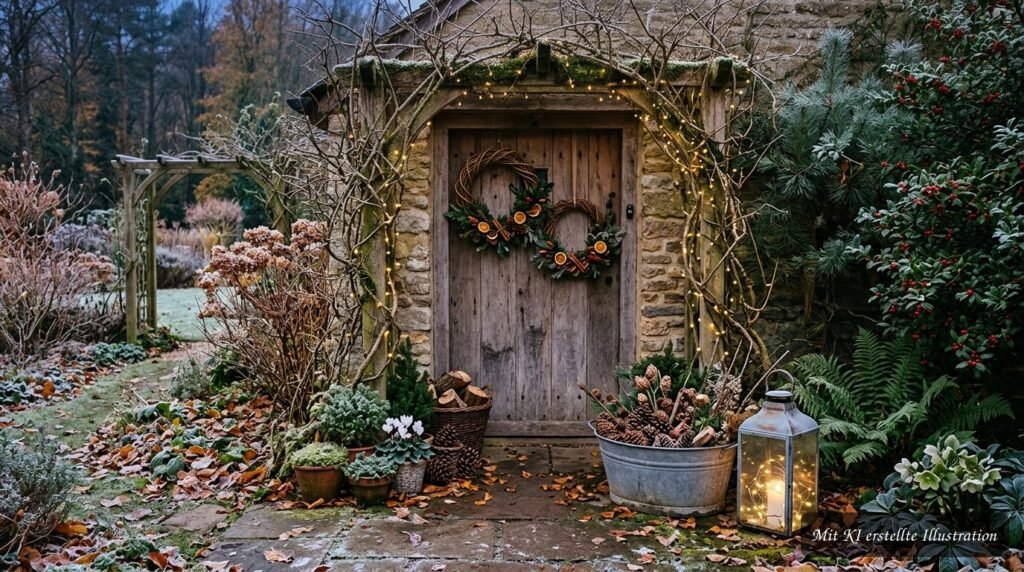 Herbstlich dekorierter Garten mit Naturmaterialien und warm leuchtenden Lichterketten