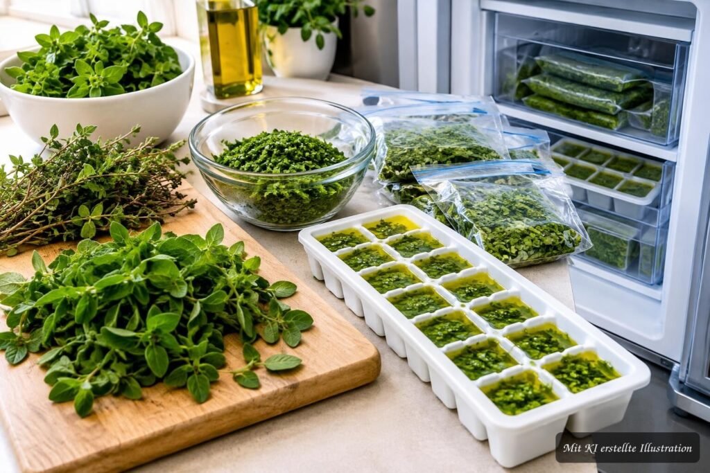 Frisch geernteter Oregano wird portionsweise zum Einfrieren vorbereitet, damit sein Aroma lange erhalten bleibt.