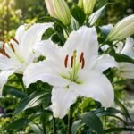 Oriental-Lilie ‘Casa Blanca’ mit großen weißen Blüten im sommerlichen Garten