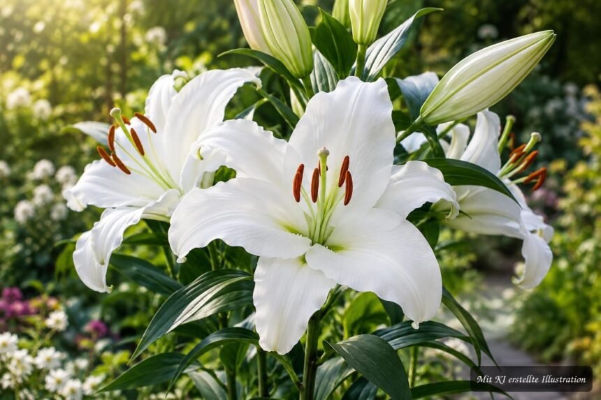 Oriental-Lilie ‘Casa Blanca’ mit großen weißen Blüten im sommerlichen Garten