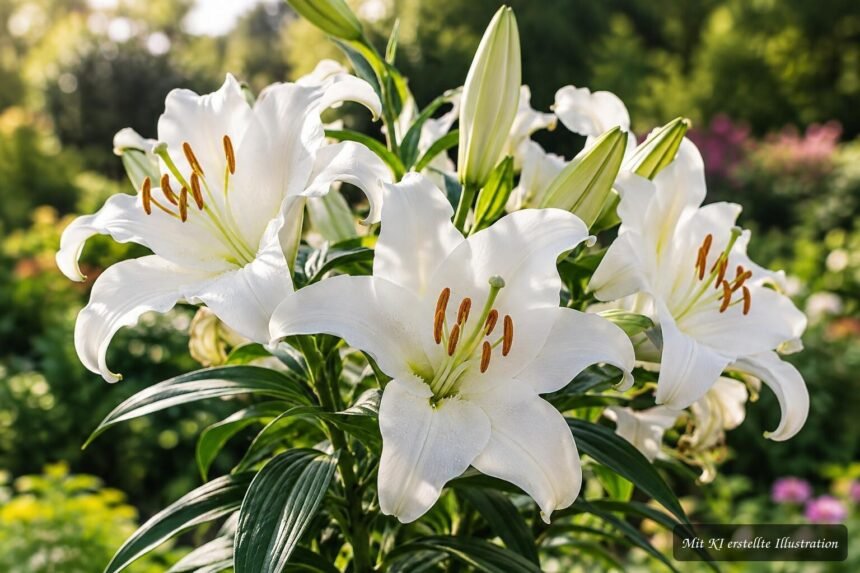 Orientalische Lilie ‘Casa Blanca’ mit großen weißen Blüten im sommerlichen Garten