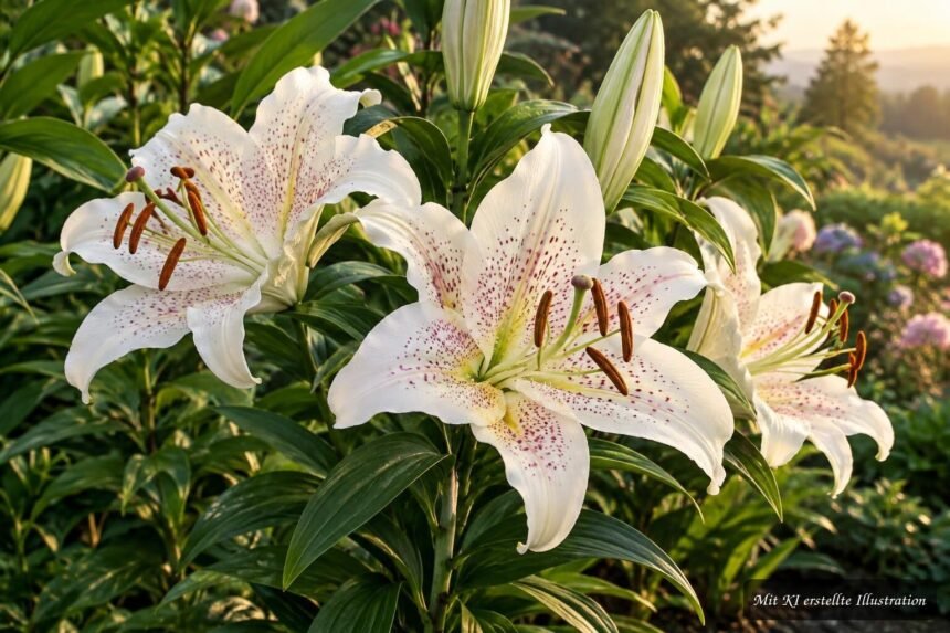 Oriental-Lilie „Muscadet“ mit weißen, rosafarbend gesprenkelten Blüten im sommerlichen Gartenbeet