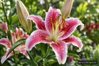 Oriental-Lilie ‘Stargazer’ mit pink-weißen, duftenden Blüten im sommerlichen Garten