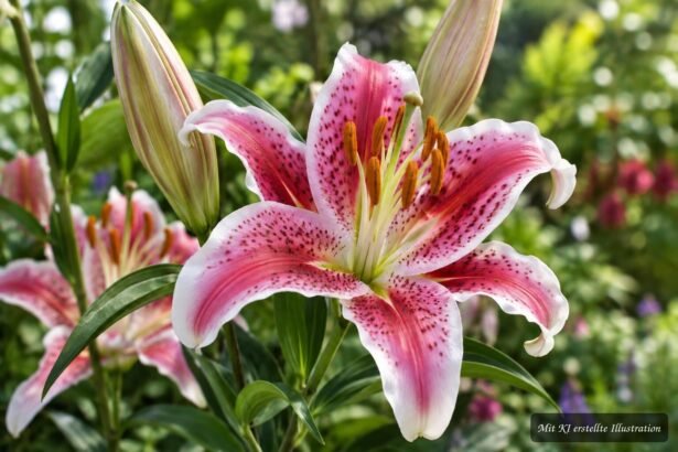 Oriental-Lilie ‘Stargazer’ mit pink-weißen, duftenden Blüten im sommerlichen Garten