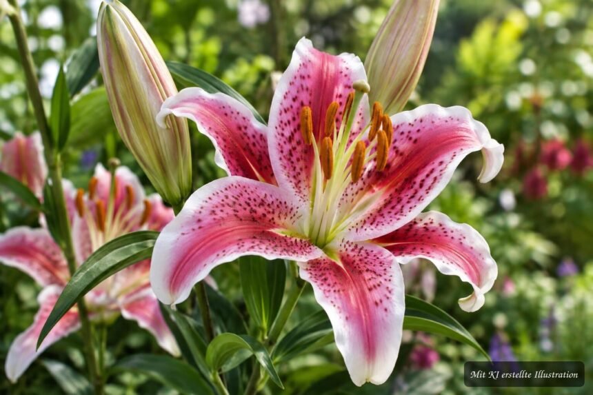 Oriental-Lilie ‘Stargazer’ (Lilium ‘Stargazer’) – Pflege, Standort und Blüte Oriental-Lilie ‘Stargazer’ mit pink-weißen, duftenden Blüten im sommerlichen Garten