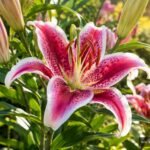 Oriental-Lilie ‘Stargazer’ mit pink-weißen Blüten im sommerlichen Gartenbeet