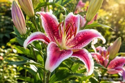 Oriental-Lilie ‘Stargazer’ mit pink-weißen Blüten im sommerlichen Gartenbeet