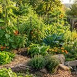 Permakultur-Beet mit vielfältigen Pflanzen, gesunder Erde und natürlicher Wasserspeicherung im Garten