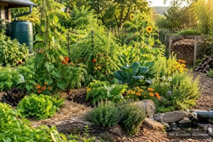 Permakultur-Beet mit vielfältigen Pflanzen, gesunder Erde und natürlicher Wasserspeicherung im Garten
