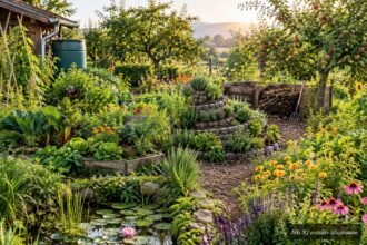 Permakultur-Garten mit vielfältigen Pflanzen, natürlichen Kreisläufen und nachhaltiger Gestaltung