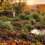 Herbstlicher Permakultur-Garten mit Laubmulch, Kompost, Regenwasserspeicher und Lebensräumen für Tiere