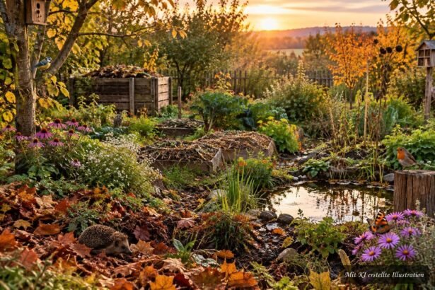 Herbstlicher Permakultur-Garten mit Laubmulch, Kompost, Regenwasserspeicher und Lebensräumen für Tiere