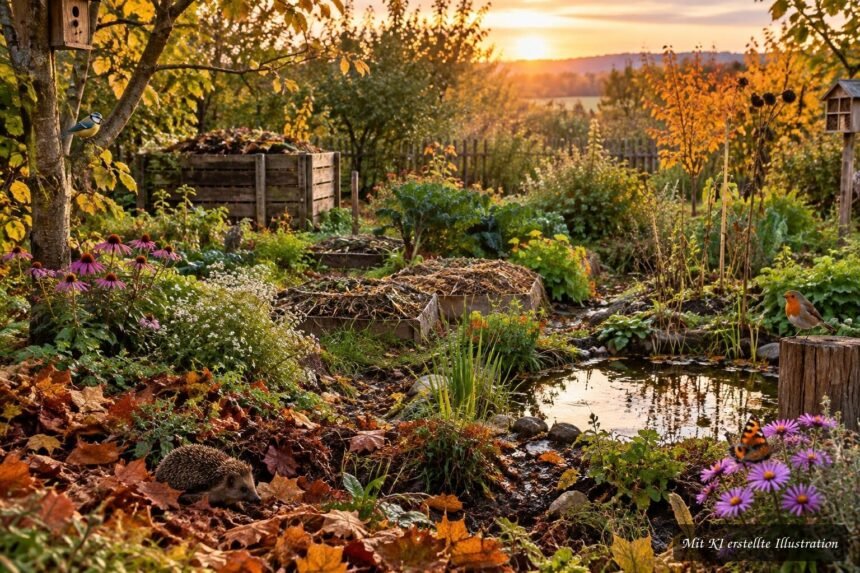 Herbstlicher Permakultur-Garten mit Laubmulch, Kompost, Regenwasserspeicher und Lebensräumen für Tiere
