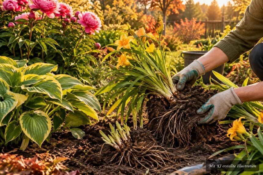 Pfingstrosen, Hostas und Taglilien werden im Herbst geteilt und für das Frühjahr verjüngt