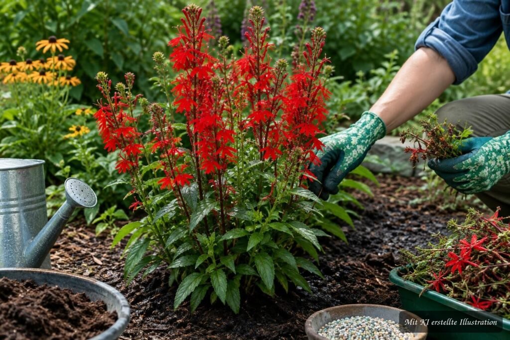 Rote Kardinals-Lobelie (Lobelia cardinalis) blüht üppig im Gartenbeet