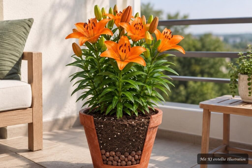 Asiatische Lilie ‘Orange Pixie’ (Lilium ‘Orange Pixie’) – Pflege und Verwendung in Beet und Topf Orangefarbene Asiatische Lilie ‘Orange Pixie’ blüht üppig in einem Topf auf dem Balkon.