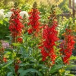 Leuchtend rote Pracht-Lobelie ‘Fan Scarlet’ mit aufrechten Blütenständen im sommerlichen Gartenbeet