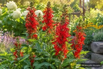 Leuchtend rote Pracht-Lobelie ‘Fan Scarlet’ mit aufrechten Blütenständen im sommerlichen Gartenbeet