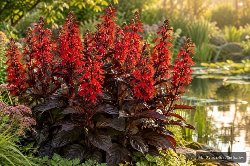 Pracht-Lobelie ‘Queen Victoria’ (Lobelia cardinalis ‘Queen Victoria’) – Pflege, Standort und Blüte Rote Pracht-Lobelie ‘Queen Victoria’ mit dunklem Laub am Teichrand im Garten