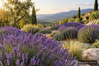 Blühender Provence-Lavendel Grosso mit violetten Ähren in einem sonnigen Gartenbeet
