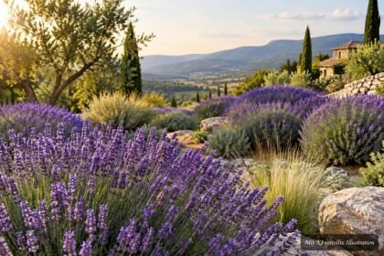 Blühender Provence-Lavendel Grosso mit violetten Ähren in einem sonnigen Gartenbeet
