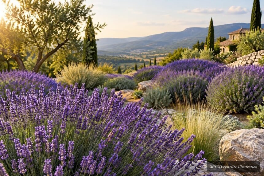 Blühender Provence-Lavendel Grosso mit violetten Ähren in einem sonnigen Gartenbeet