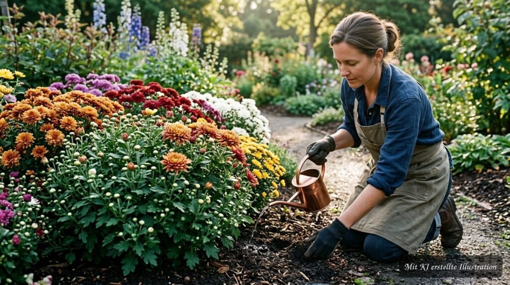 Chrysanthemen im Garten werden richtig gegossen und gedüngt, damit sie lange frisch und attraktiv bleiben.