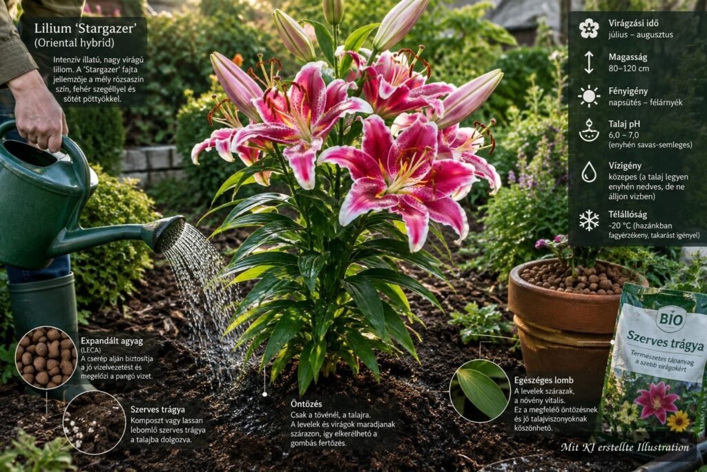 Oriental-Lilie ‘Stargazer’ (Lilium ‘Stargazer’) – Pflege, Standort und Blüte Oriental-Lilie ‘Stargazer’ mit rosa Blüten beim Gießen und Düngen im Garten