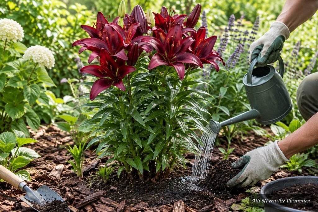 Asiatische Lilie ‘Monte Negro’ mit kräftigen Blüten – richtiges Gießen und Düngen für gesundes Wachstum