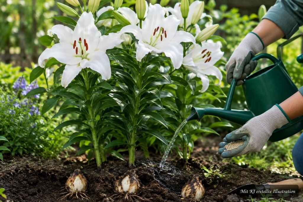Oriental-Lilie ‘Casa Blanca’ mit üppigen weißen Blüten beim richtigen Gießen und Düngen