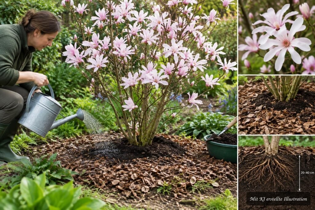 Stern-Magnolie (Magnolia stellata) – Pflege und Tipps für eine üppige Frühlingsblüte Stern-Magnolie mit weißen Blüten beim richtigen Gießen und Düngen für gesundes Wachstum