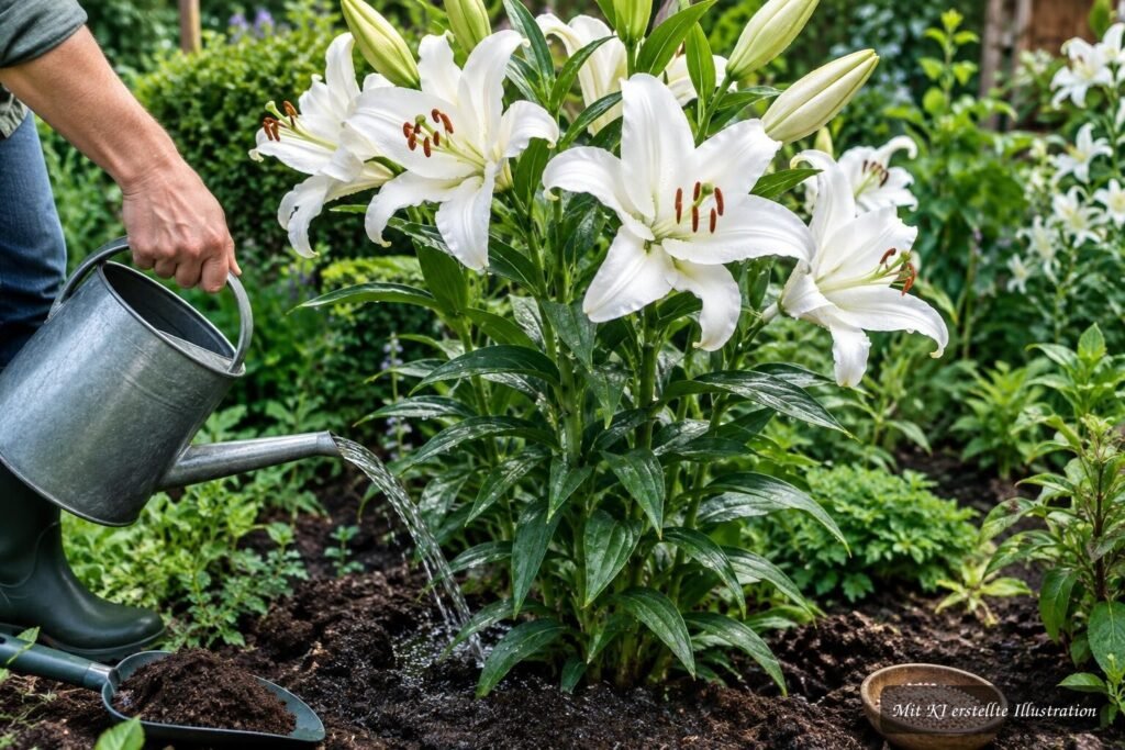 Oriental-Lilie „Casa Blanca“ mit großen weißen Blüten beim Gießen und Düngen im Garten