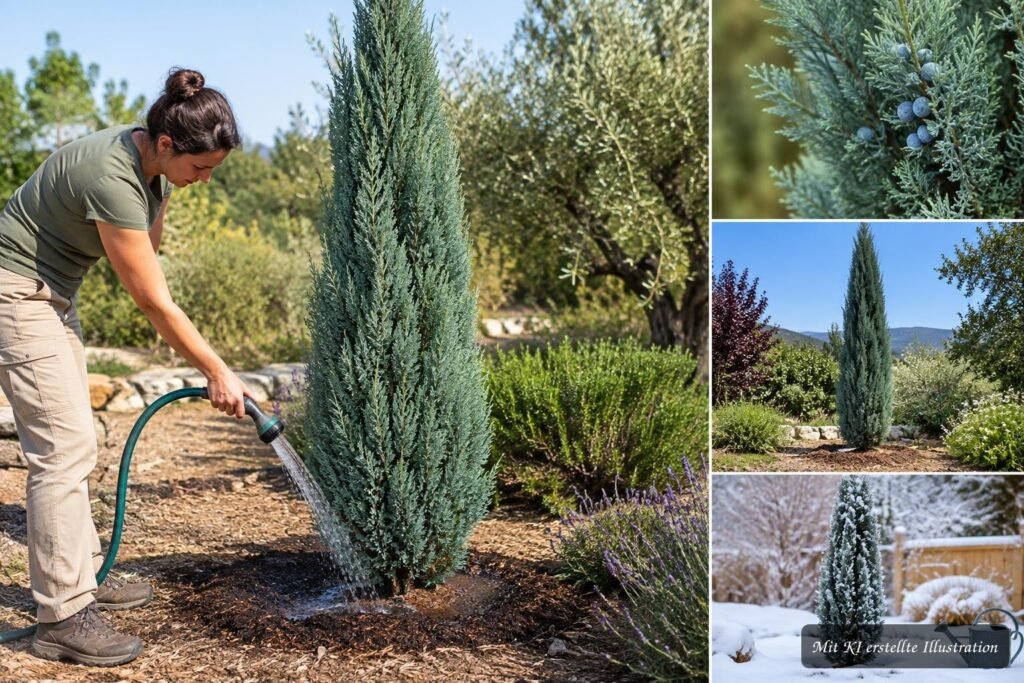 Wacholder ‘Blue Arrow’ im Garten mit kräftigem Wuchs und gepflegtem Erscheinungsbild