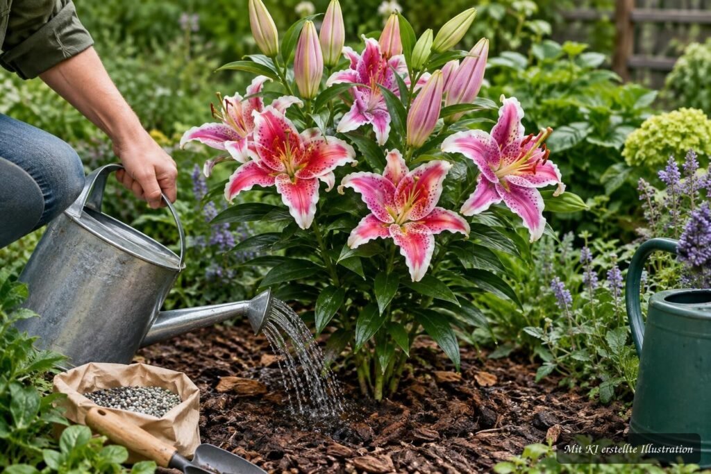 Oriental-Lilie ‘Stargazer’ (Lilium ‘Stargazer’) – Pflege, Standort und Blüte Oriental-Lilie „Stargazer“ mit großen rosa-weißen Blüten im Garten, richtig gegossen und gedüngt
