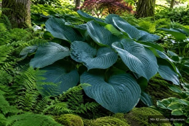 Riesen-Funkie ‘Empress Wu’ mit gigantischen blaugrünen Blättern im schattigen Garten