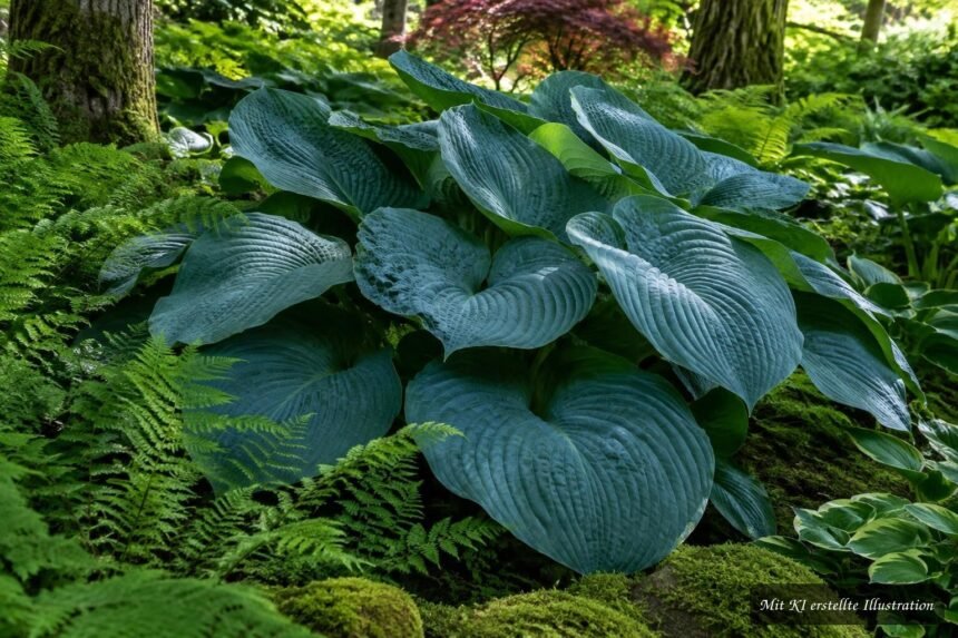 Riesen-Funkie ‘Empress Wu’ mit gigantischen blaugrünen Blättern im schattigen Garten