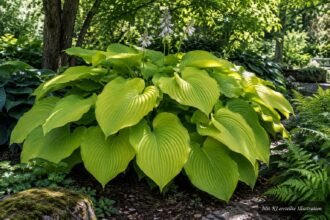 Riesen-Funkie „Sum and Substance“ mit großen chartreusegelben Blättern im schattigen Garten