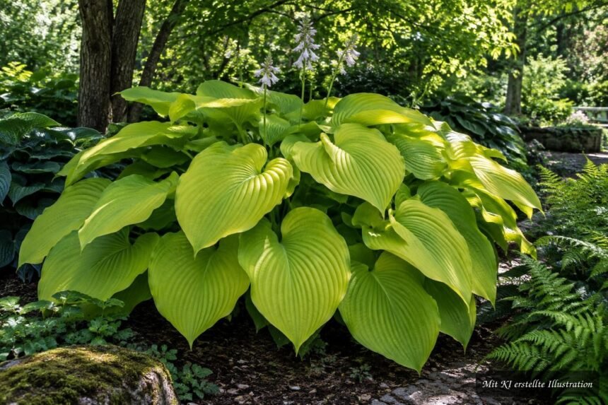 Riesen-Funkie ‘Sum and Substance’ (Hosta ‘Sum and Substance’) – Pflege und Platzbedarf Riesen-Funkie „Sum and Substance“ mit großen chartreusegelben Blättern im schattigen Garten