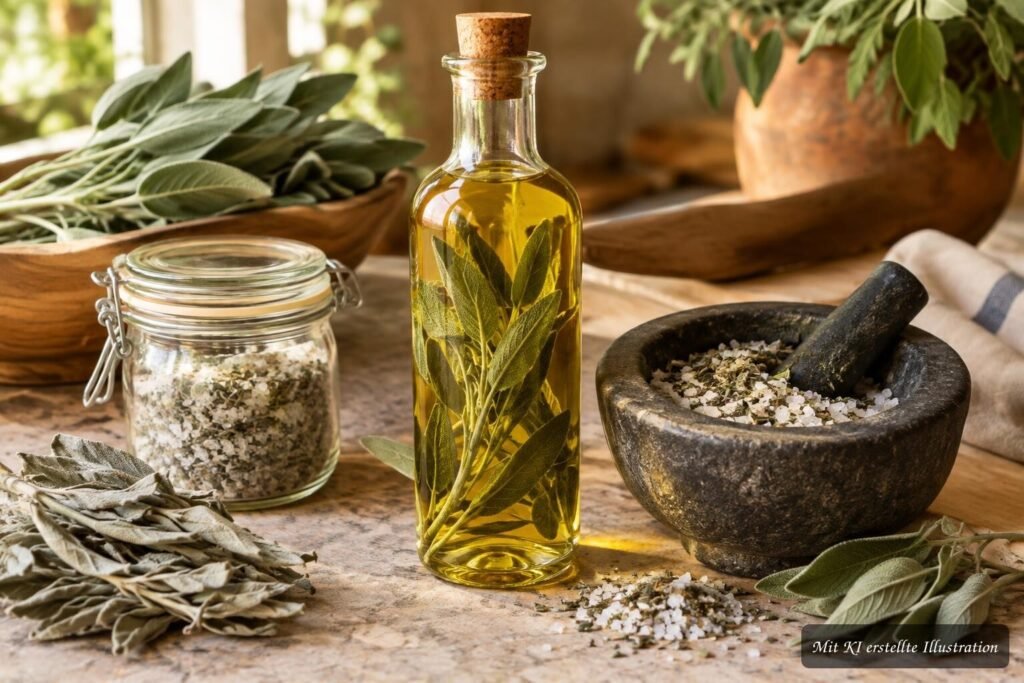 Frische Salbeiblätter werden in Öl eingelegt und zu aromatischem Kräutersalz verarbeitet.