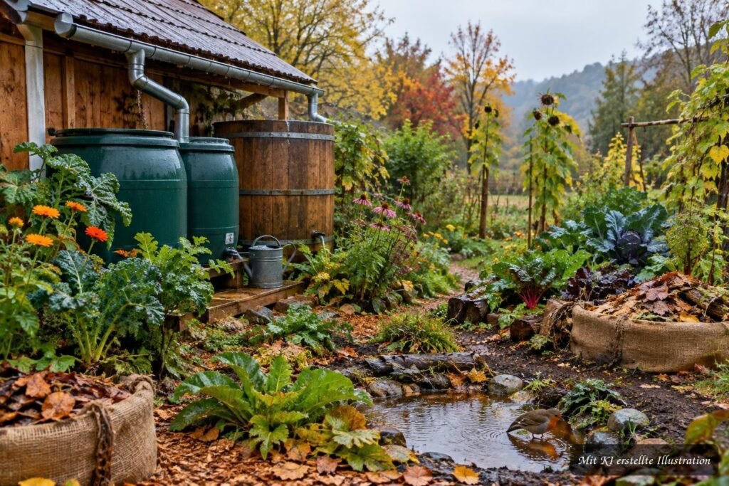 Regentonne sammelt Herbstregen zur Bewässerung im Permakultur-Garten