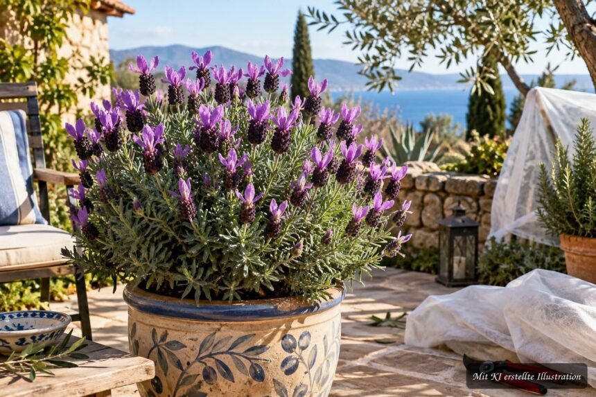 Schopflavendel mit violetten Blüten auf einer sonnigen Terrasse im mediterranen Stil