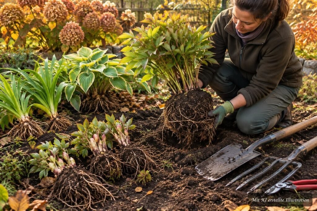 Pfingstrosen, Hostas und Taglilien werden im Herbst Schritt für Schritt geteilt und verjüngt.