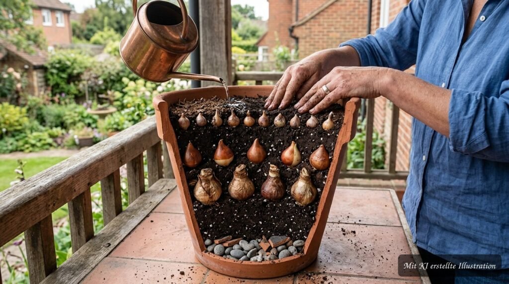 Blumenzwiebeln werden Schritt für Schritt in mehreren Schichten in einen Topf gesetzt.