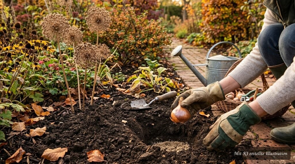 Zierlauchzwiebeln werden im Herbst Schritt für Schritt in die Erde gesetzt.