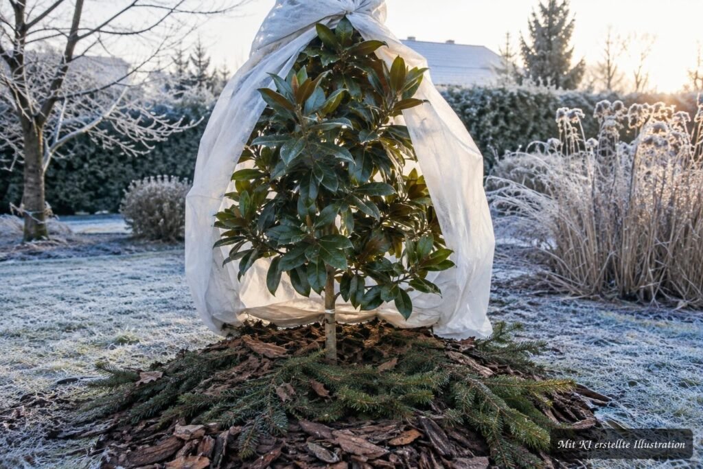 Immergrüne Magnolie im Garten mit Schutzmaßnahmen für die sichere Überwinterung in Mitteleuropa