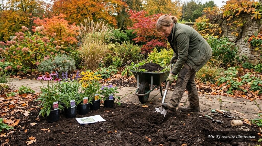 Hände pflanzen herbstliche Stauden in ein vorbereitetes Beet und lockern die Erde für gesundes Wachstum.